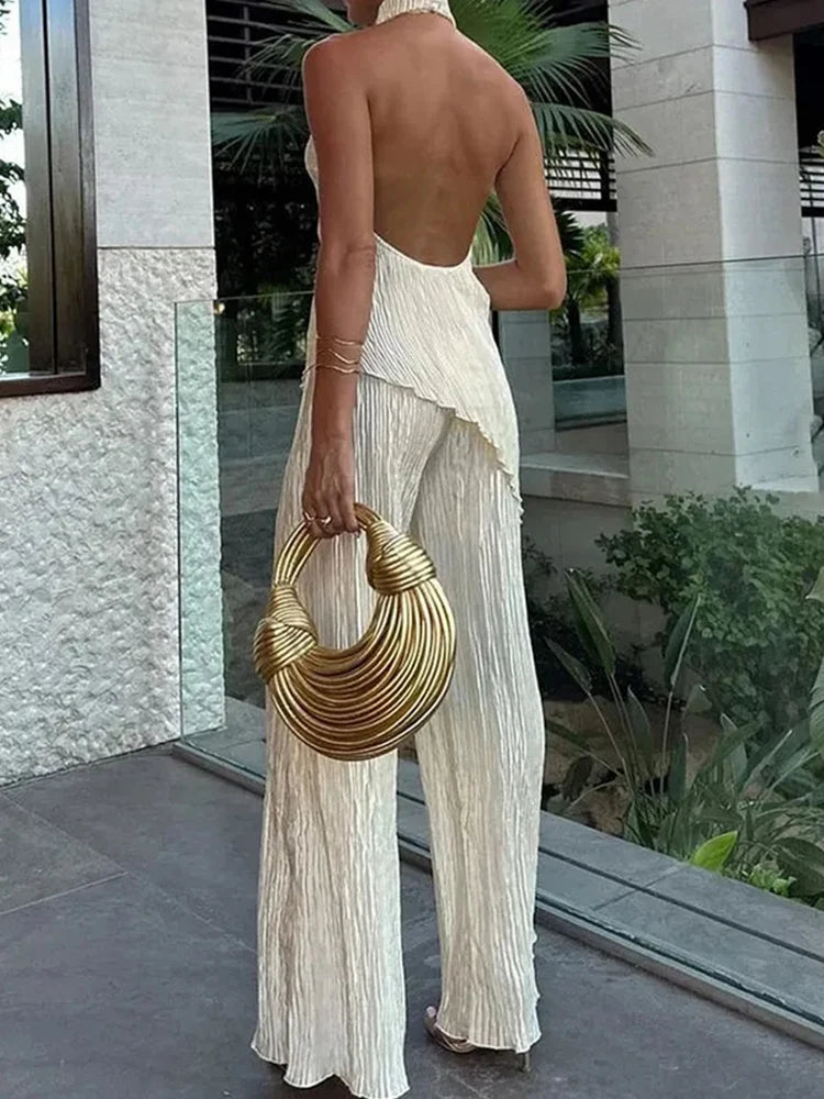 LBSFY  -   2 Pieces Sets Backless Sleeveless Top And Pant Loose Sexy Pant 2 Pieces Sets Women Summer Pant Sets Solid