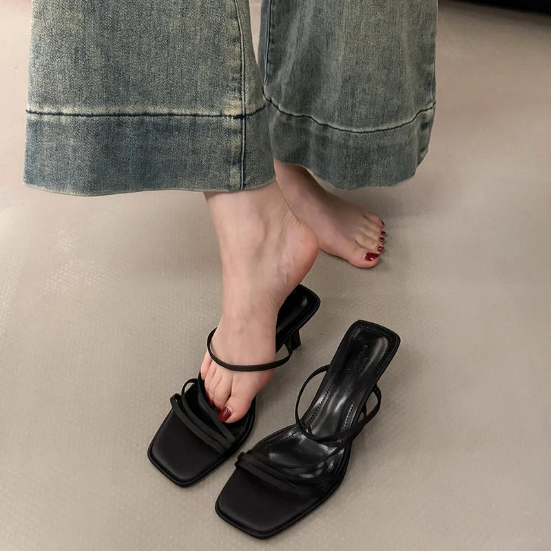 LBSFY  -  Designer Summer High Heel Women Slippers Fashion Open Toe Narrow Band Slides Outdoor Casual Office Lady Sandalias