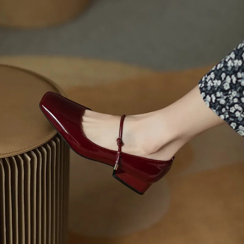 LBSFY -Elegant High Heels French Dress Party Shoes for Woman Platform Patent Leather Mary Jane Burgundy Black Square Toe Mid-heel Pumps