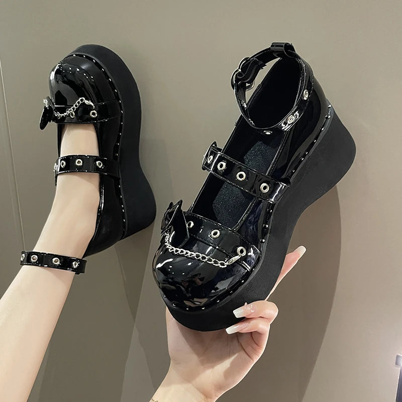 LBSFY  -  Sweet Cute Heart-Shaped Buckle Lolita Shoes Women Bowtie Chain Platform Mary Janes Woman Rivet Ankle Strap Gothic Shoes 2024