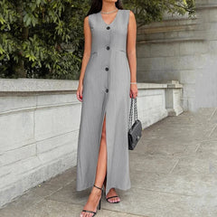 LBSFY  -  Office Women Summer Casual Chic Sleeveless V Neck Single Breasted Button Solid Long Top Loose Wide Legs Pants Sets