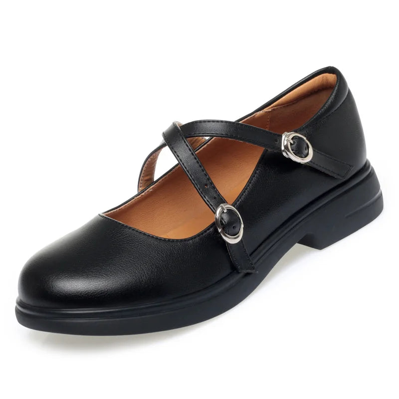 LBSFY -Spring Versatile Breathable Women Mary Jane Shoes Low Heel Buckle Strap Round Toe  Party Dance Soft Leather Single Shoes