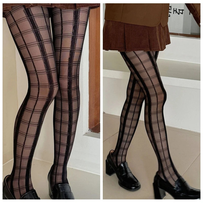 Lbsfy Black Plaid Pattern Stretchy Tights JK Ultra-thin Pantyhose Women's Stockings Ladies Party Club Slimming Socks Underwear