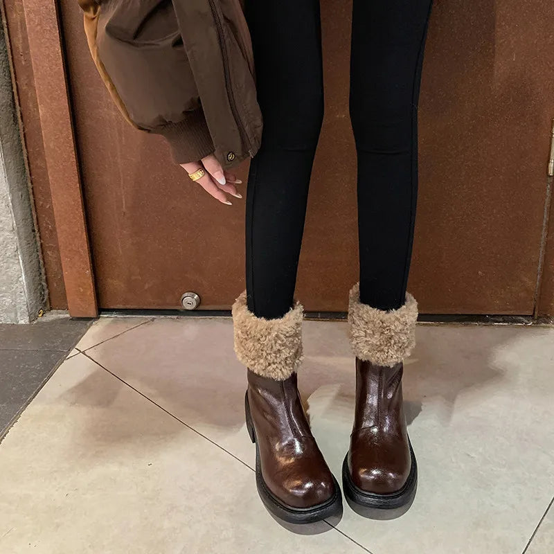 LBSFY  -  Fashion Short Boots Women's New High Quality Genuine Leather Boots Winter Warm Wool Boots Round Head High Heels Boots