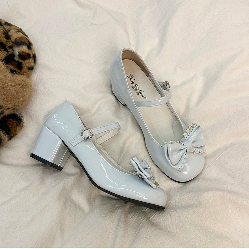 LBSFY -Cute Butterfly-knot Women Lolita Mary Jane Shoes Concise Thick Heel Leather Shoes Ladies Shallow Pumps