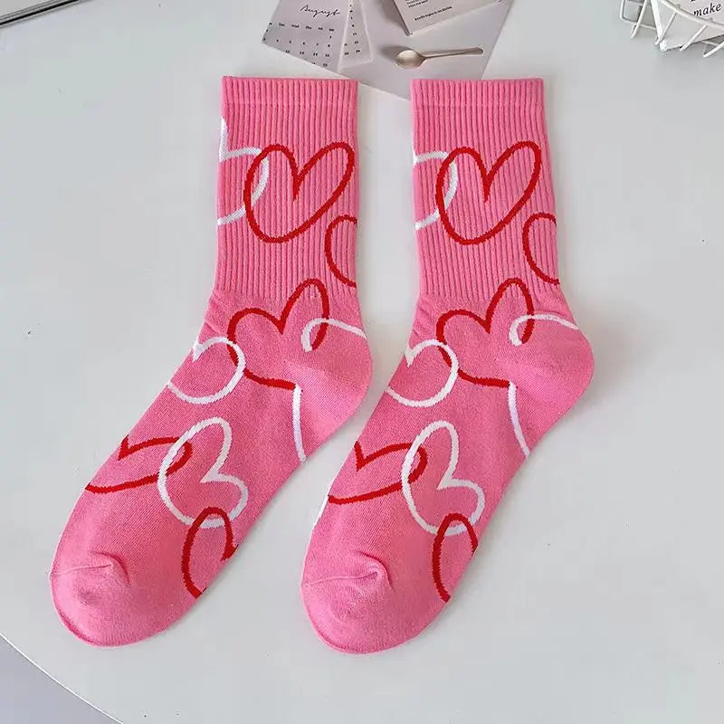 Lbsfy Women's Socks Love Print Pink White Kawaii Harajuku Streetwear Skateboard Cute Fashion Sports Socks Girls Gift Calcetines Mujer