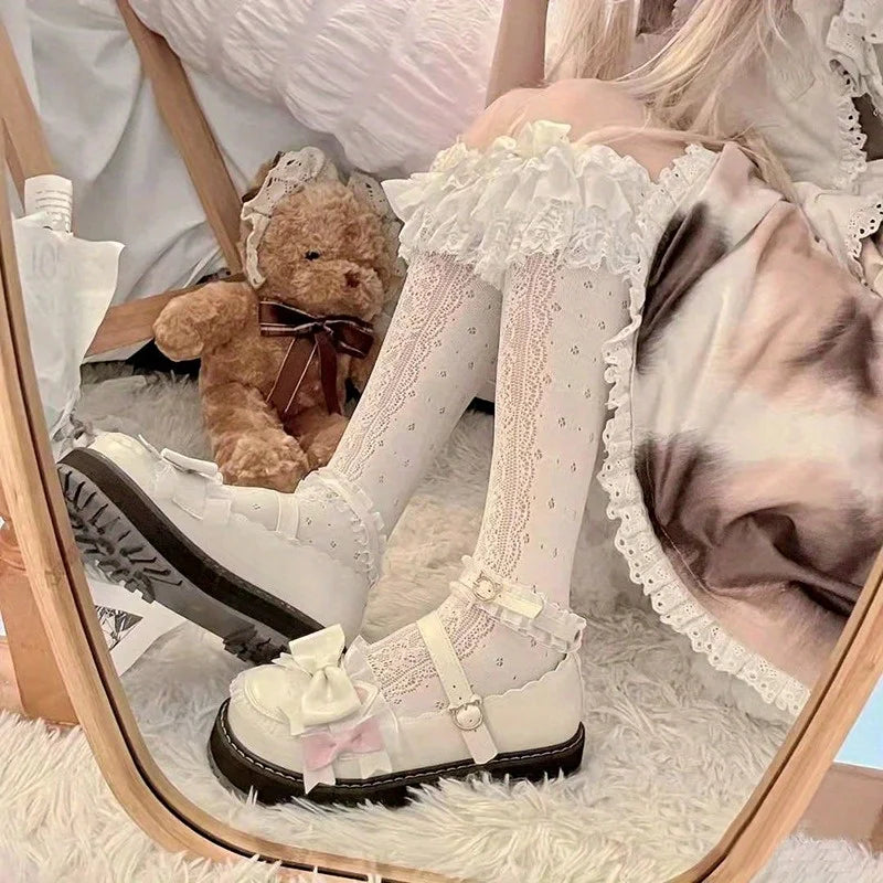 Lbsfy 1 pair of lolita milk white lace knee socks sweet bow long cotton socks jk white silk calf socks Lolita ladies socks