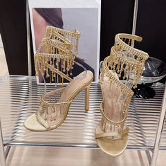 LBSFY  -Elegant Women Wedding Banquet Shoes Fashion Crystal Tassel Twining Stiletto Sandals Sexy Open Toe Stripper Heels Golden