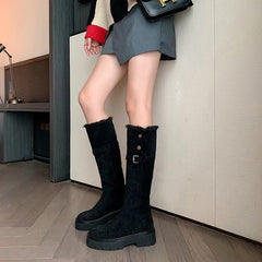 LBSFY  -  Cow Suede Leather Boots Women Slip On Wool Warm Winter Knee High Boots Handmade Ladies Platform Snow Boots Shoes