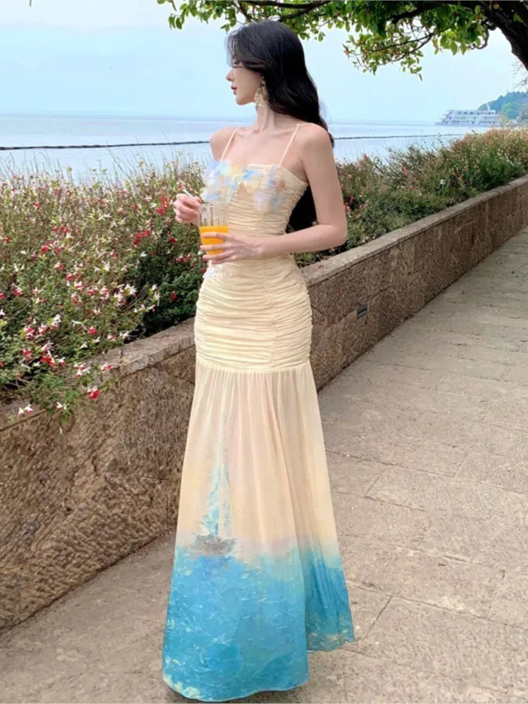 LBSFY -Women's Sexy Floral Bodycon Mesh Mermaid Dresses Elegant Gradient Print Pleated Slim Halter Dress Summer Beach Vacation Outfits
