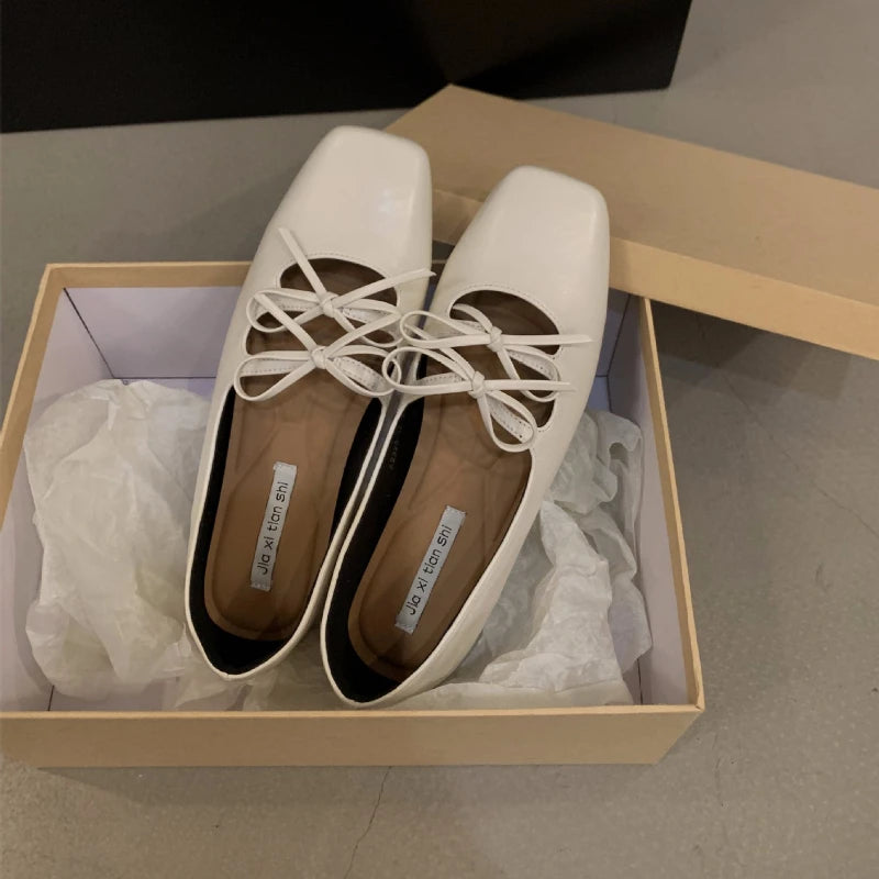 LBSFY -Sweet Double Bowknot Women Mary Jane Shoes New Square Toe Dress Flat Shoe Ladies Red Soft Sole Shoes Zapatos