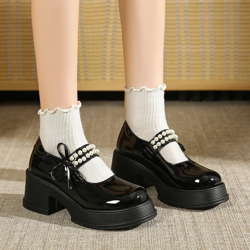 LBSFY -Vintage High Heels Mary Jane Shoes for Women 2025 Patent Leather Platform Pumps Woman Pearls Thick-Heeled Shoes Female