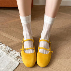 LBSFY -Mary Jane Flat Shoes Women's Casual Footwear Side Open Airy Leather Mid Heel Summer Rubber Sole Adult Footwear Grid Inner
