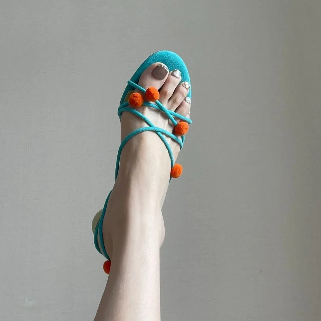 LBSFY -Women Cute Small Ball Strap High-heeled Slippers Summer Open Toe Casual Sandals New Narrow Band Sexy Hollow Slippers