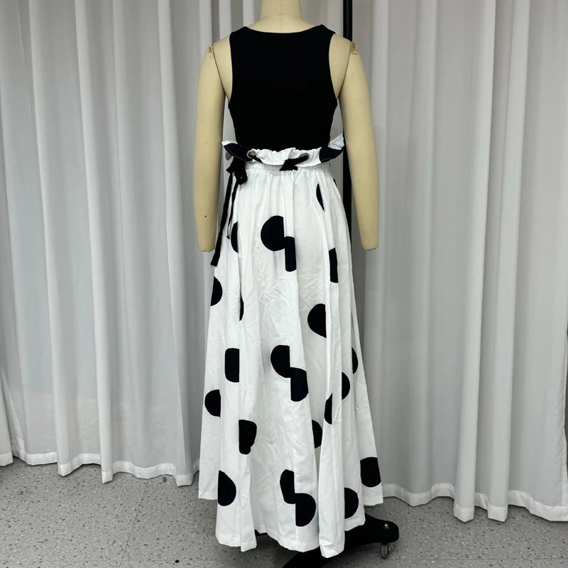 LBSFY  -  2024 Two Piece Set Women Summer Office Chic Solid Sleeveless Round Neck Vest Top Loose Polka Dot Printed Long Skirt Sets