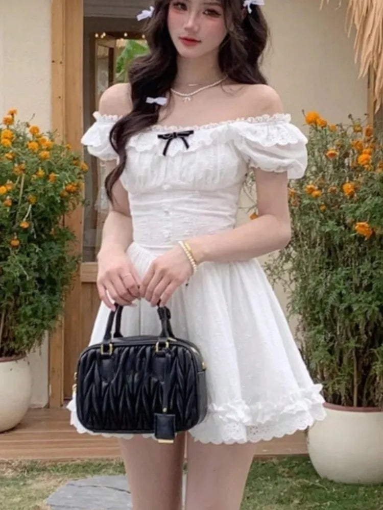 LBSFY -Chic 2025 Summer Sweet Lace Spliced Birthday Party Dress Women Square-Collar High Waist Bubble Short Sleeve A-Line Short Dresses