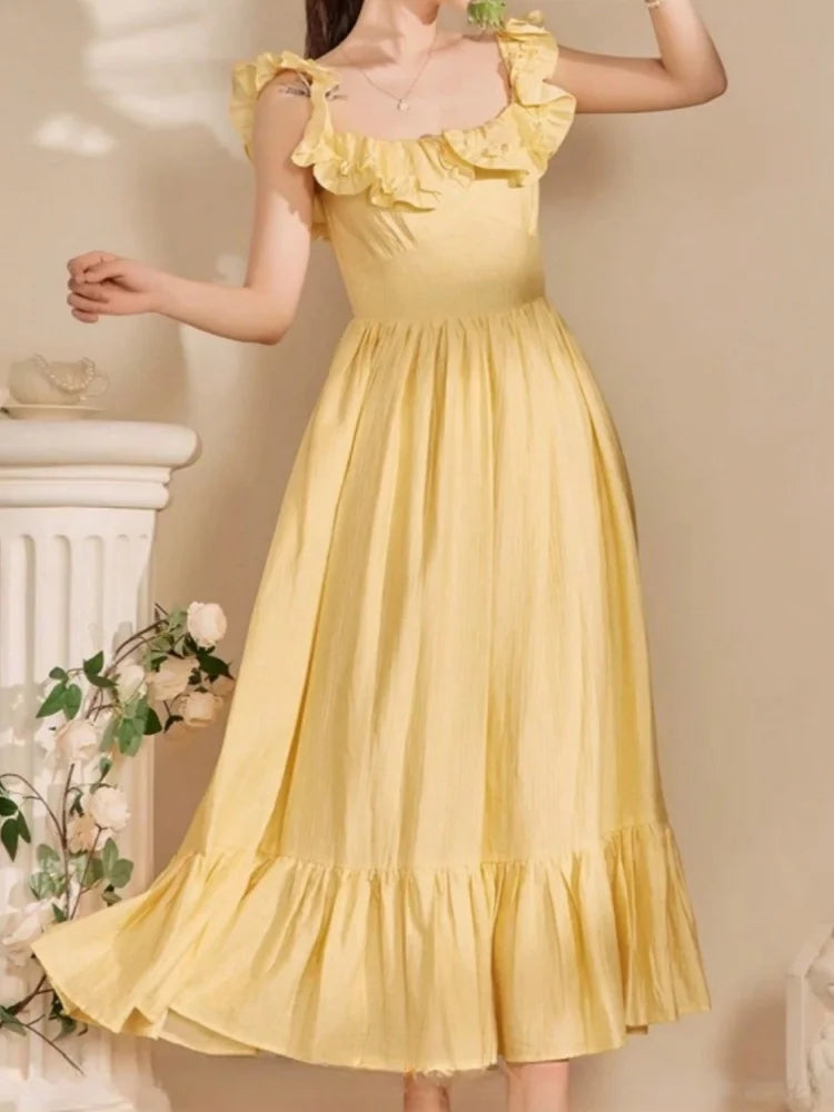 LBSFY -Yellow Ruffle Summer Chic French Pleated Long Dresses New Women's Flying Sleeve High Waist Square Collar Vacation Backless Dress