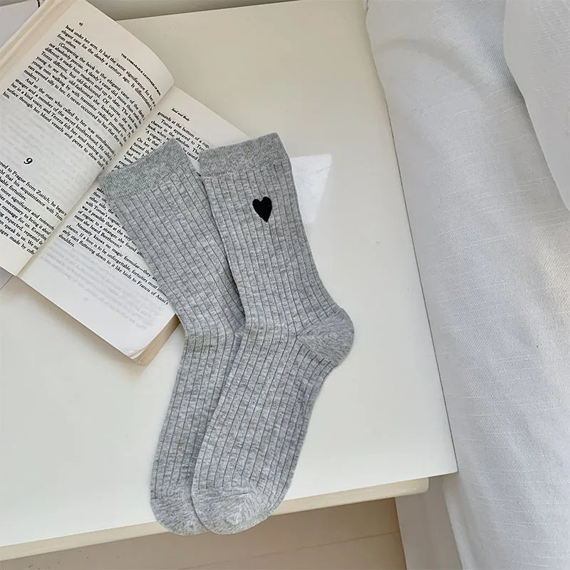Lbsfy Women Socks Cotton Female Japanese Sweet Style Love Embroidered Mid-tube Spring Summer Thin Cute Girls Solid Color Stripe Socks