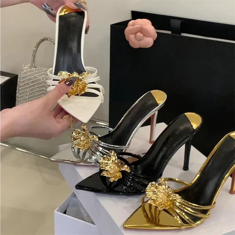 LBSFY -Summer Design Metal Flower Narrow Band Pointed Toe Women Slippers Thin Heels Party Prom Slide Shoes Zapatillas De Mujer