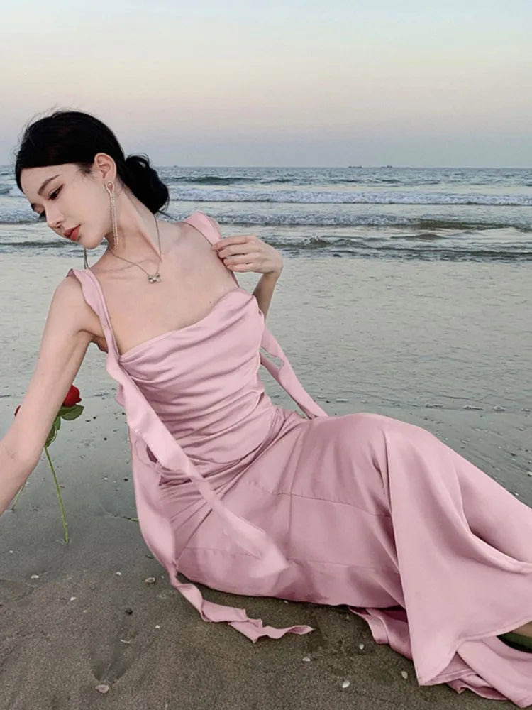 LBSFY -Sweet Pink Backless Womens Dresses Sexy Spaghetti Strap Sleeveless Wedding Evening Dress Elegant Gown Female Split Vestidos New