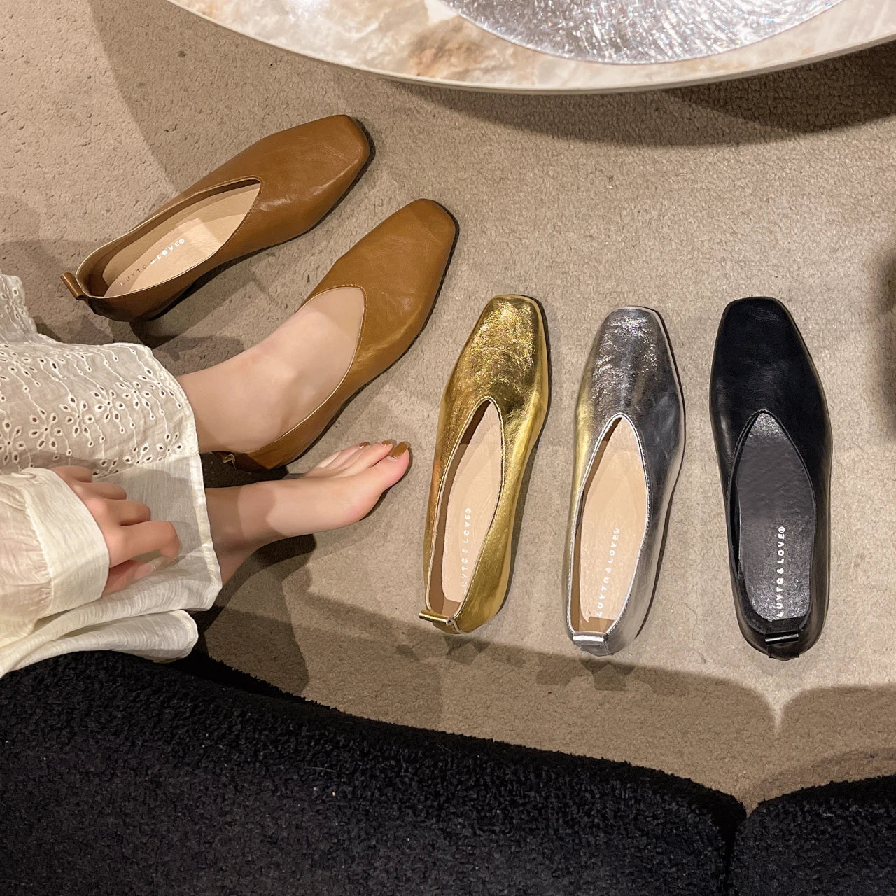 LBSFY -Fashion Women's Loafers Leather Luxury Shoes Grade Silver Heels Gold Pumps Square Toe Elegant Mary Janes Shoes Women Single Shoe