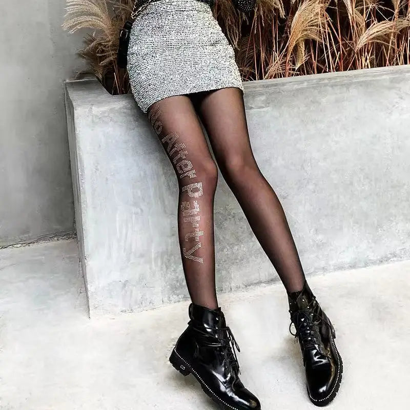 Lbsfy Women Japanese Letter Stockings Nightclub Party Accessories JK Sexy Diamonds Fishnet Underwear Pantyhose Printed Designer Tights