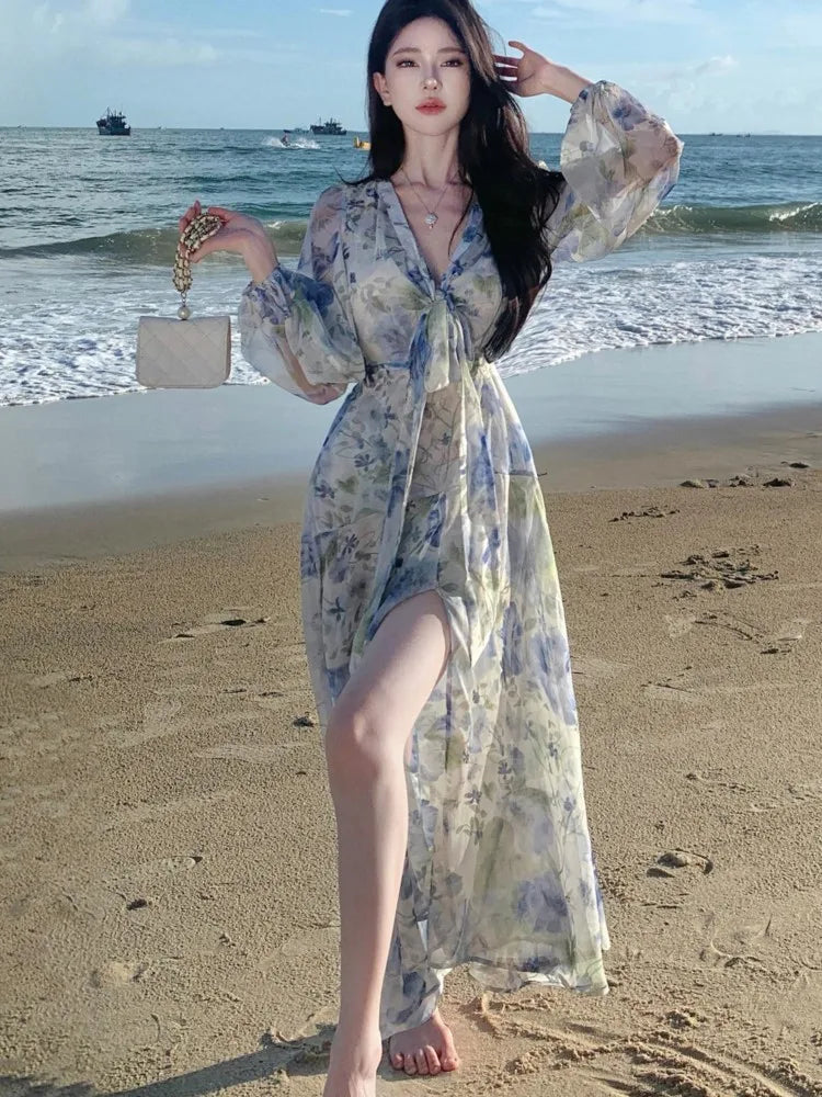 LBSFY -French Chiffon Print Dresses For Woman Summer V-Neck Slim Waist Elegant Long Dress Fashion Split Holiday Basics 2025 New Vestido