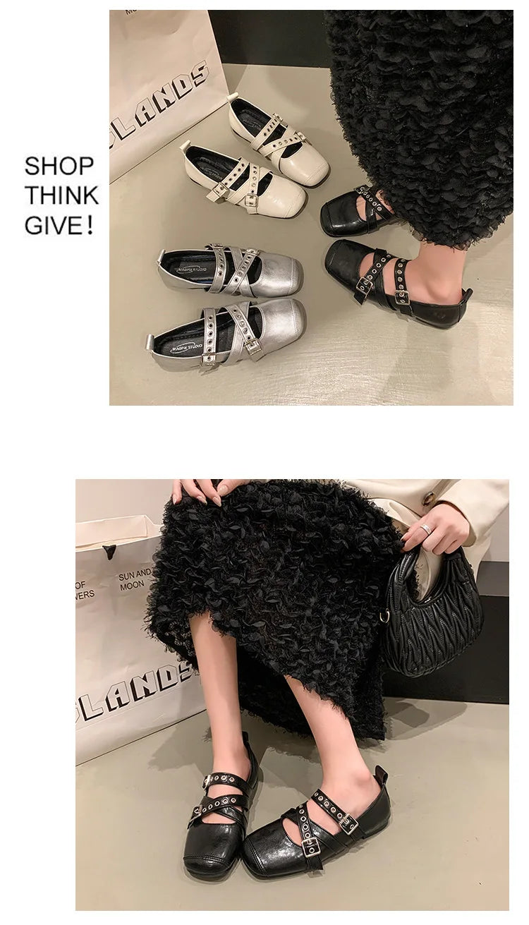 LBSFY -Designer Spring Women Mary Jane Shoes Fashion Square Toe Ladies Comfort Soft Sole Flats Women's Belt buckle Ballerinas Shoes