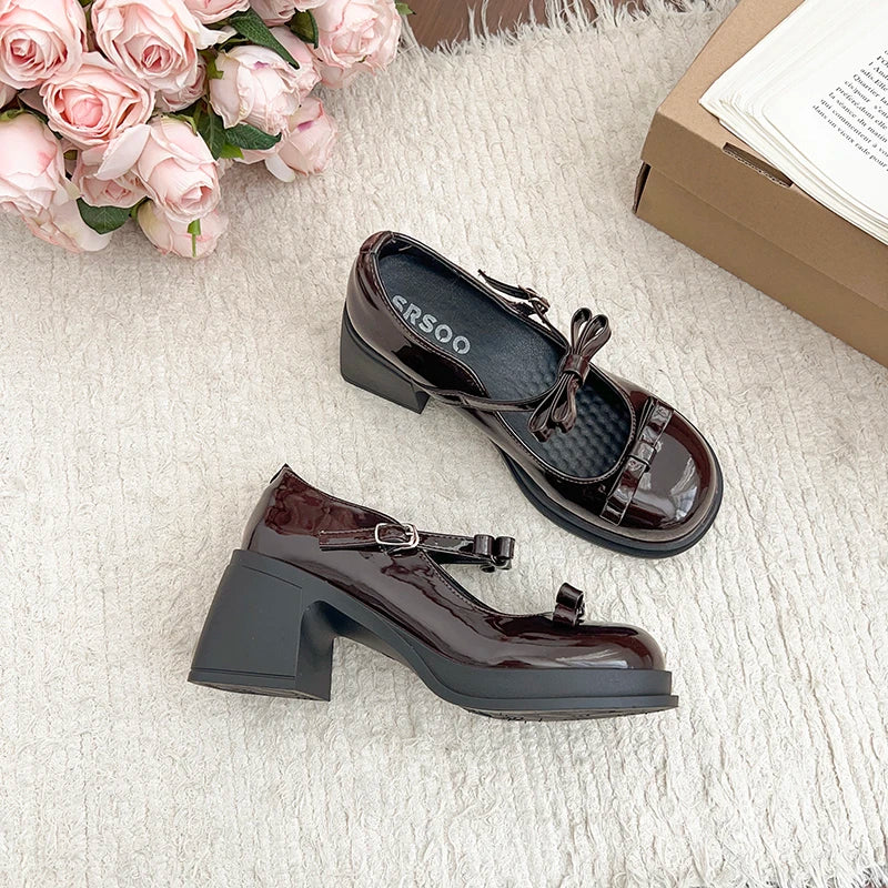 LBSFY -New Platform Thick Heel Women Mary Jane Shoes Fashion Butterfly-knot Dress Shoes Ladies Outdoor Leather Pumps