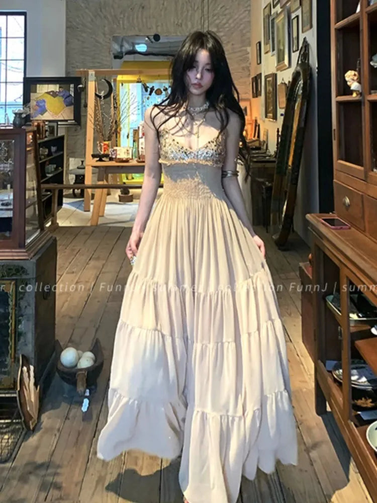 LBSFY -Y2K Elegant French Fashion Women's Evening Dresses Sequin Vintage V-Neck Backless Sexy Slim Midi Dress Prom Female Clothes New