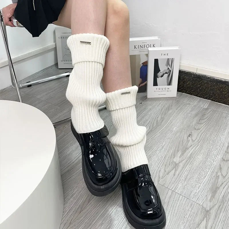 Lbsfy Metal Label Leg Warmers Knitted Women Calf Socks Solid Color Vintage Winter Y2K Japanese Harajuku Pile Long Socks Leg Covers