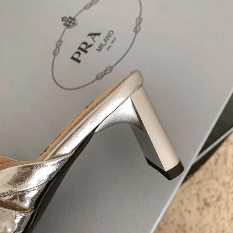 LBSFY  -  2024 Pearl Pink Ballet High Heels Pointed 5cm Slim Heel Skirt Outdoor Banquet Slippers 34-40 Bow Summer Birthday Party Sandals
