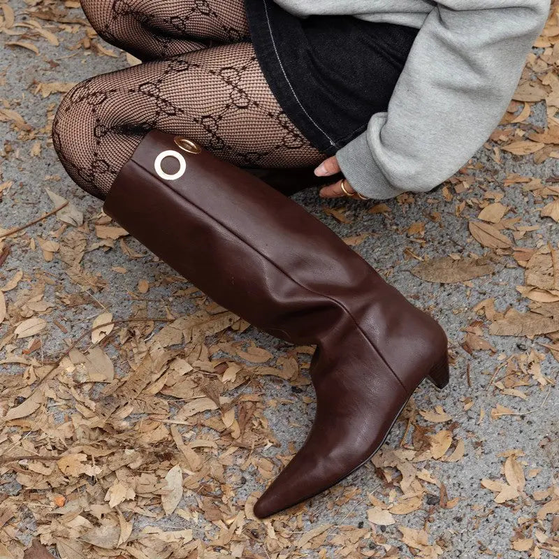 LBSFY  -  2025 New Genuine Leather Knee High Boots Women Pointed Toe Mid Heels Autumn Winter Modern Boots Ladies Shoes