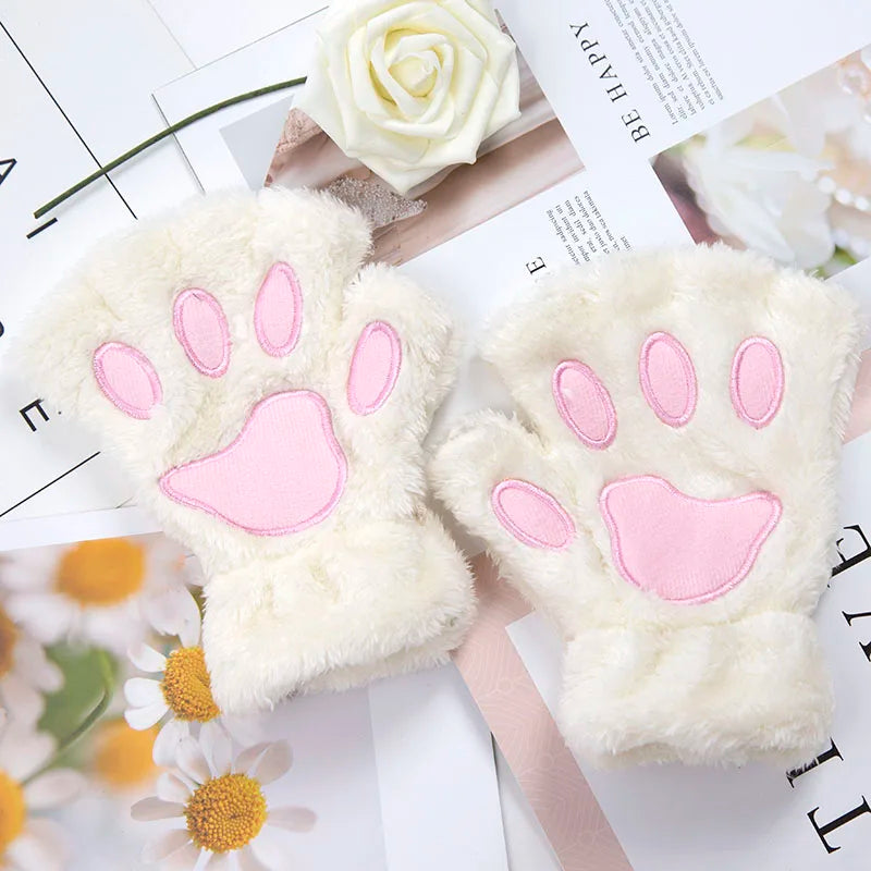Lbsfy 1Pair Winter Gloves Women Bear Plush Cat Paw Claw Cute Kitten Fingerless Mittens Christmas Halloween for Girls Gift Gloves