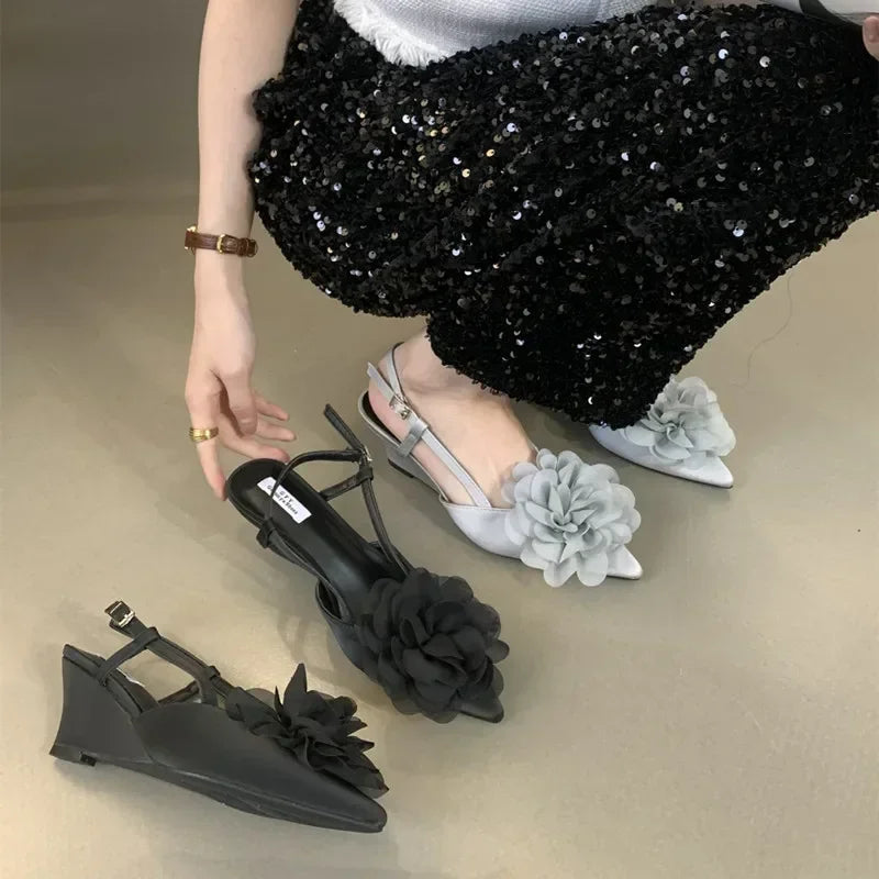 Lbsfy Luxury Designer Elegant Sandals Woman Summer Flower Buckle Strap Pumps Women Sexy Pointed Toe Wedge Heels Fashion Mule Shoe