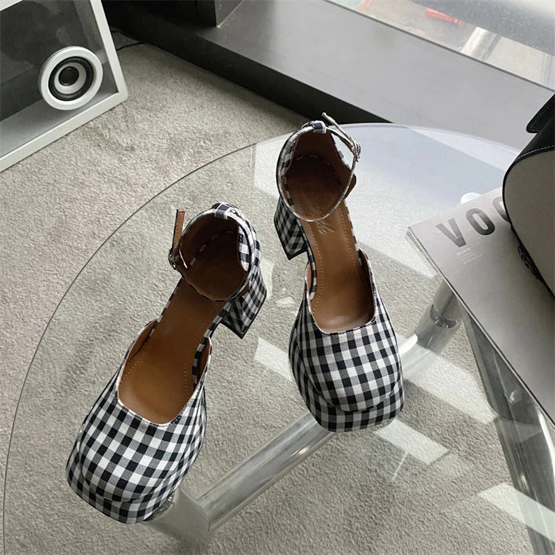 LBSFY  -   Spring New Brand Women Sandal Shoes Fashion Round Toe Close Toe Ankel Strap Mules Square High heel Dress Pumps