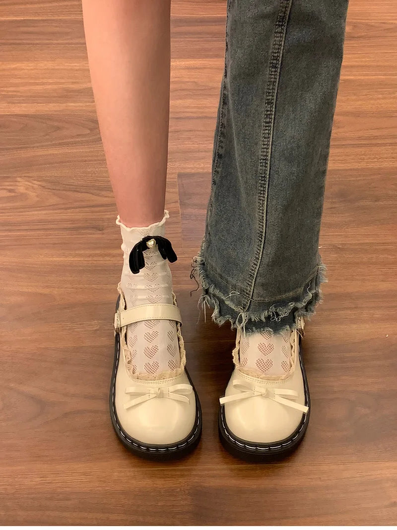 LBSFY -Butterfly-knot Lolita Women Leather Shoes Shallow Round Toe Ladies Concise Outdoor College Style Mary Jane Shoes