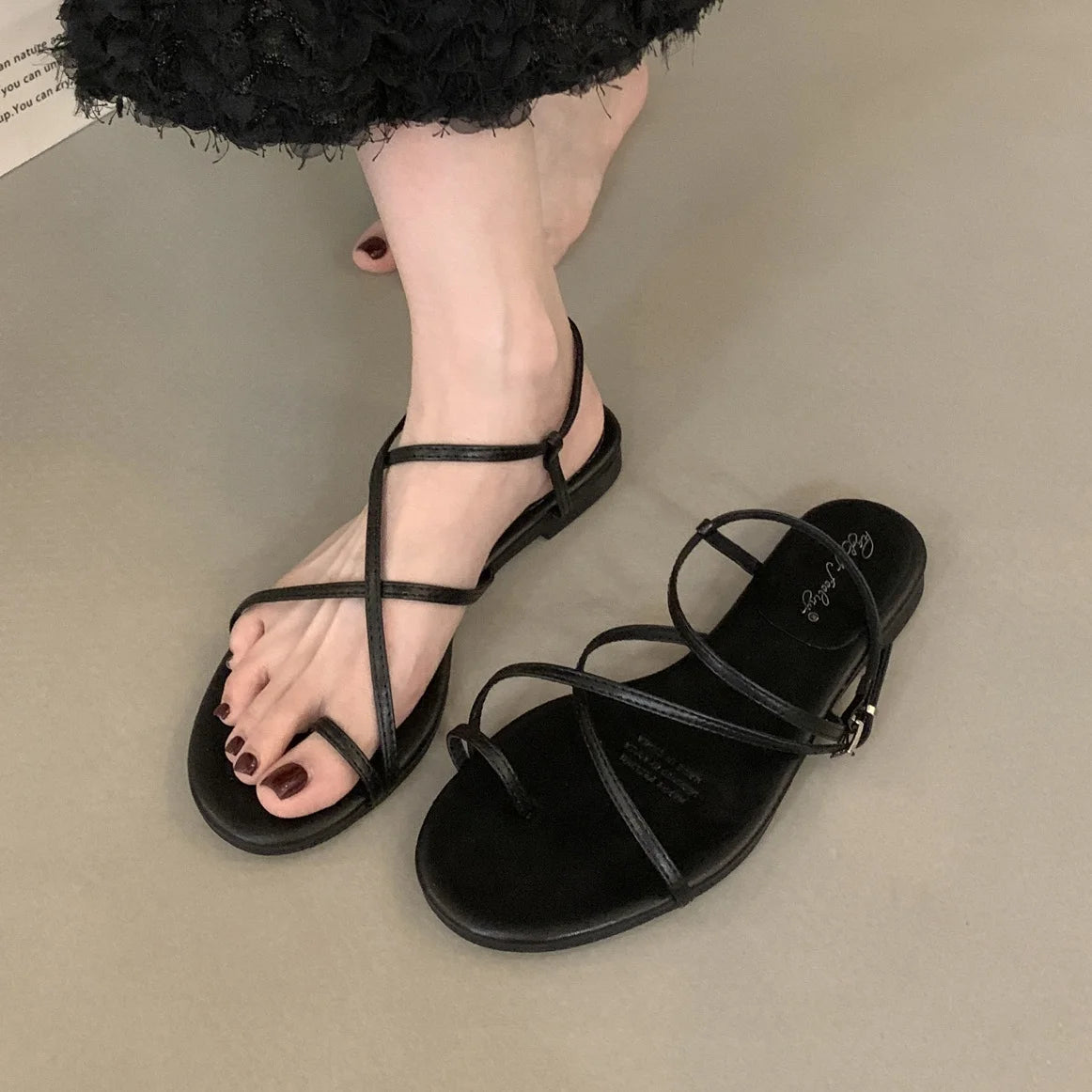 LBSFY -Summer New Brand Women Sandal Fashion Narrow Band Ladies Elegant Gladiator Shoes Soft Flat Heel Outdoor Dress Shoes Muj