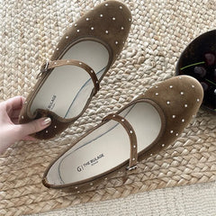 LBSFY -Rivet Decor Velvet Mary Janes Shoes Women Round Toe Elegant Ballet Flats Shoes Ladies Buckle Strap Spring Autumn Loafers New