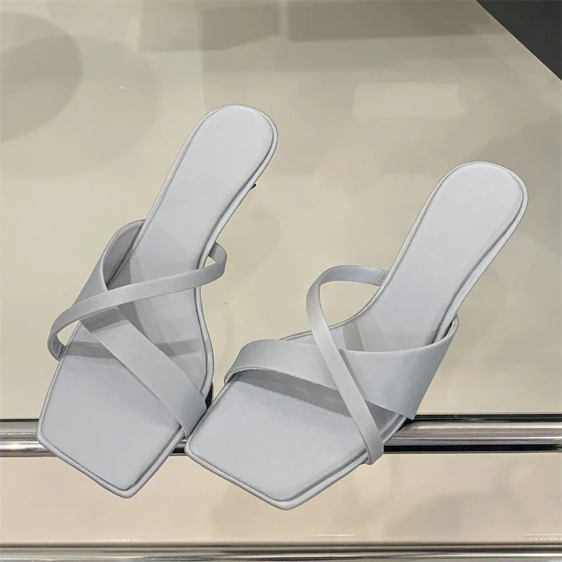 LBSFY -Summer Fashion Narrow Band Square Toe Slippers Women Low Heels Beach Sandals Slide Party Shoes Zapatos De Mujer