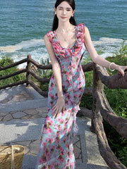 LBSFY -French Print Ruffles Princess Romantic Fairy Women's Dresses V-Neck Sleeeless Slim Waist Length Dress Beach Vacation Summer 2025