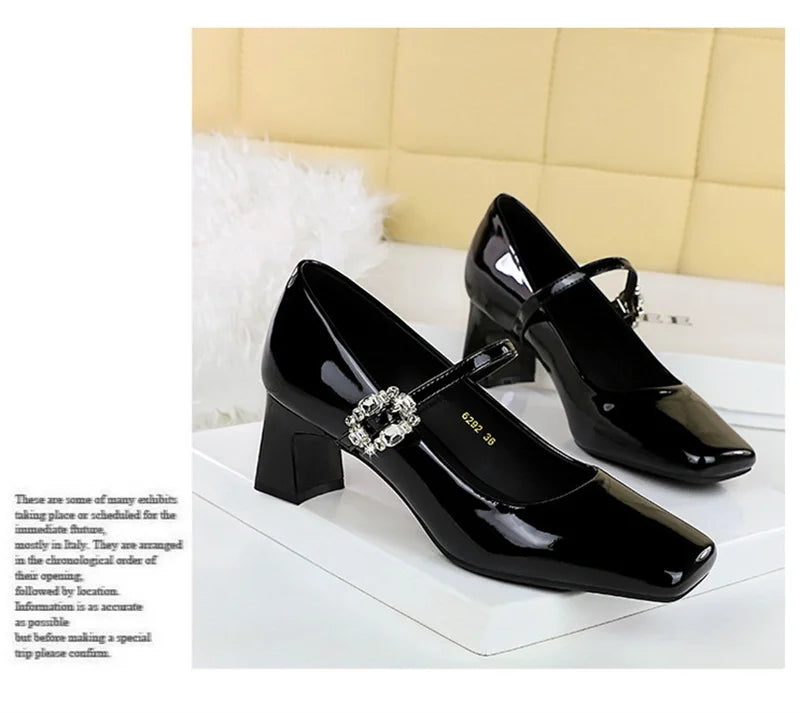 LBSFY -Banquet Mary Jane Women Single Shoes Square Toe Light Mouth Patent Leather One-Striped Rhinestone Buckle Thick Heel Medium Heel