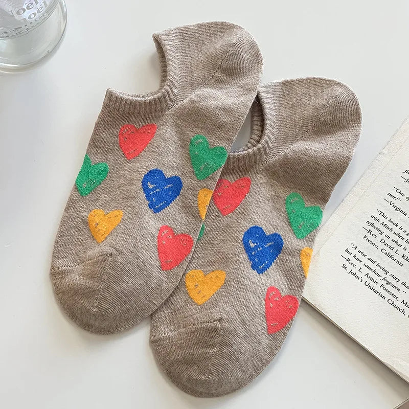 Lbsfy Spring Summer Socks Women's Combed Cotton Sweat Style Leisure Low Cut Love Print Invisible Socks Girls Gift Korean Street Sox