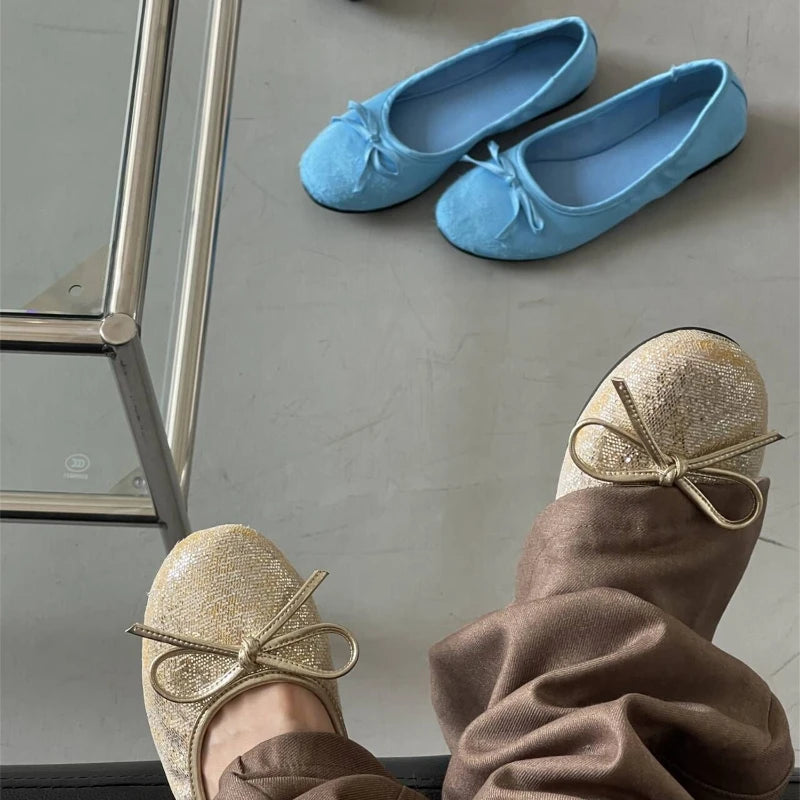 LBSFY  -  Gold Ballet Flats Summer Soft Comfortable Shallow Mary Jane Round Toe Bow Ballet Shoes Little Blue Shoes