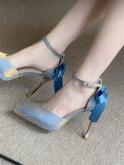 LBSFY  -  Pure Desire Waterproof Platform Blue High Heels Women 2024 New Summer Sexy Hollow Bow Sandals Female Asaguchi Satin High Heels