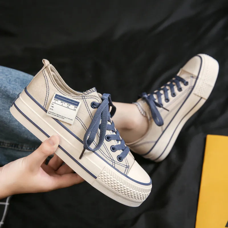 LBSFY -Solid Color Low Cut Korean Style Casual Thick Soled Canvas Shoes for Women Versatile Thick Soled Shoes for Heightening