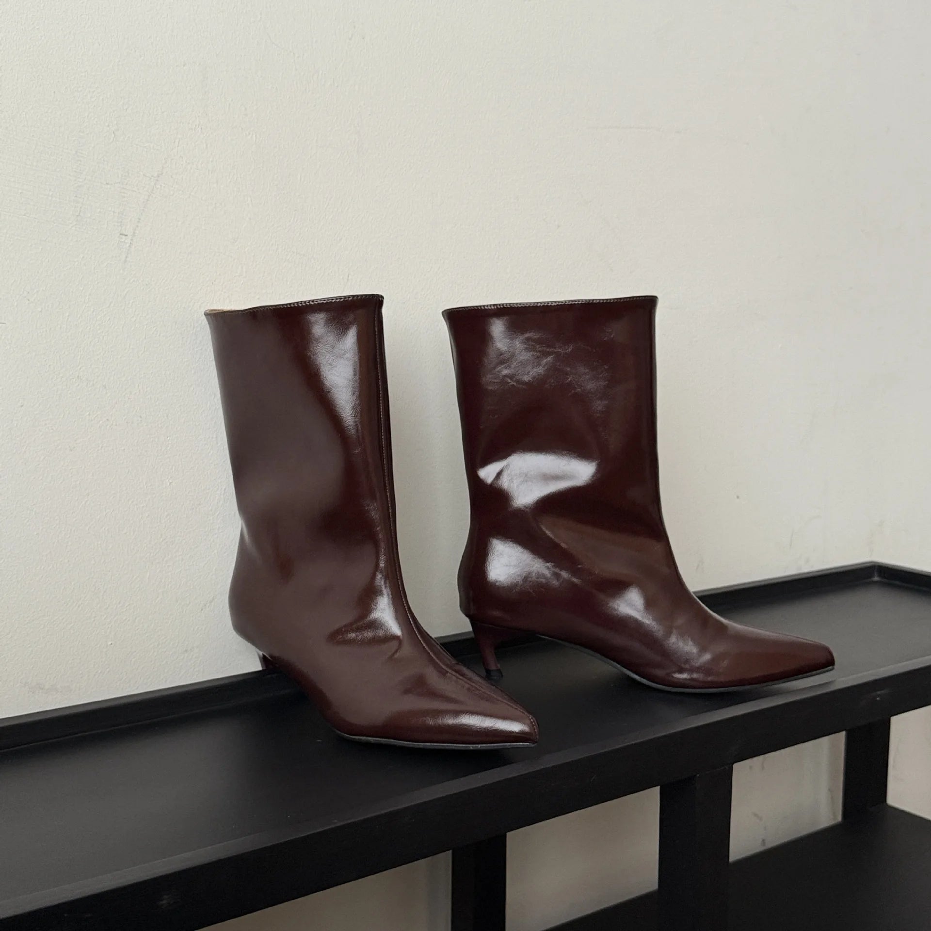 LBSFY  -   Burgundy Wide Calf Boots Ankle PU Leather Pointed Toe Thin Heels Winter Boots Women