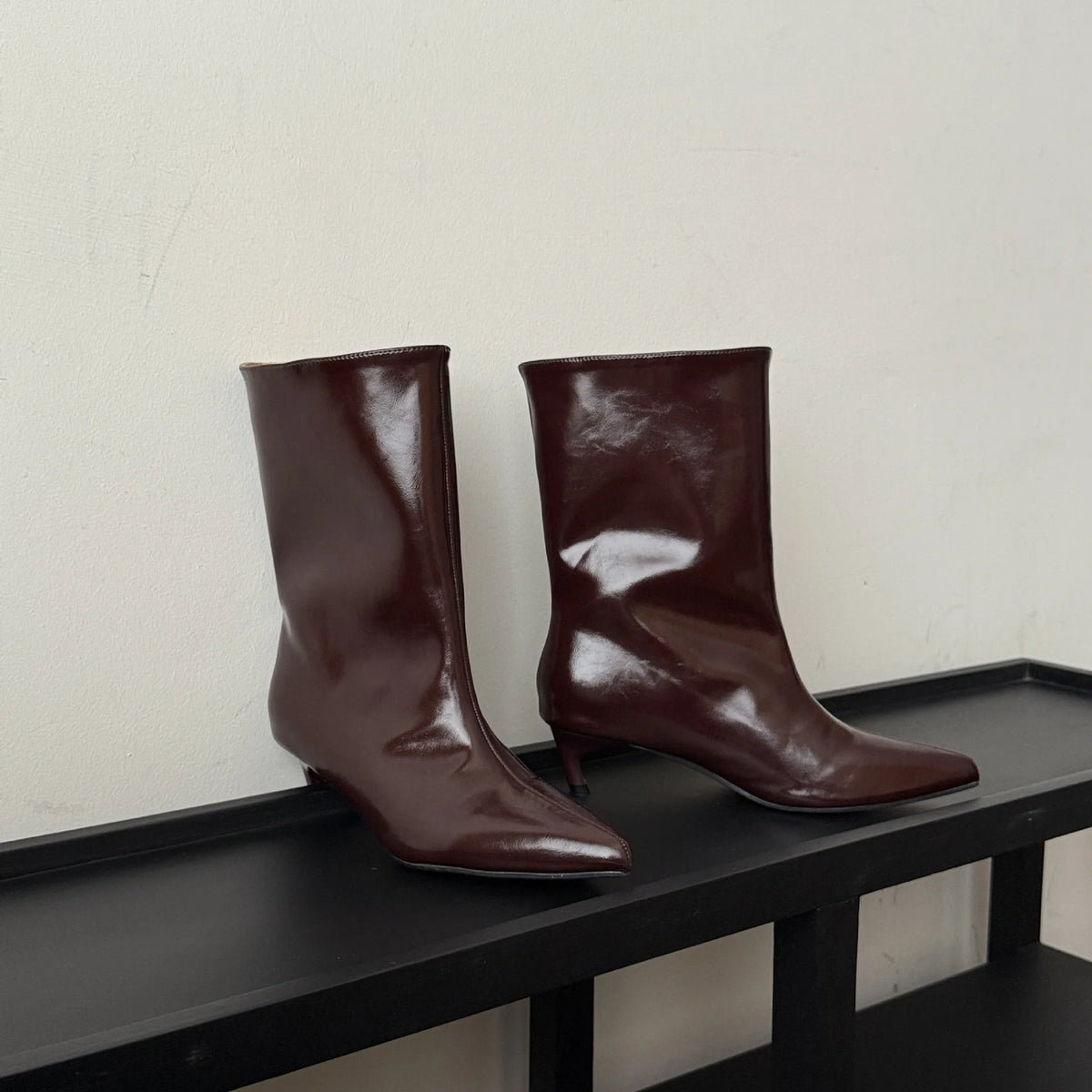 LBSFY  -   Burgundy Wide Calf Boots Ankle PU Leather Pointed Toe Thin Heels Winter Boots Women