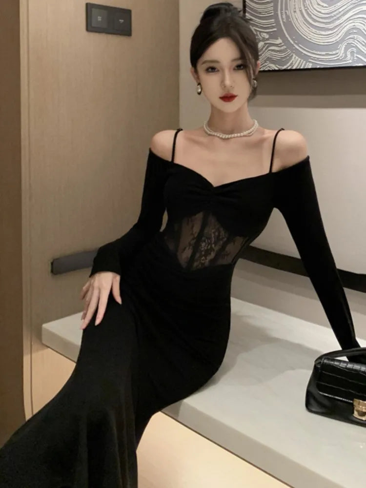 LBSFY -French Sexy Bodycon Knitted Mermaid Dresses Women Hollow Out Spaghetti Strap Corset Slim Waist Evening Party Dress Prom Vestidos