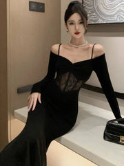 LBSFY -French Sexy Bodycon Knitted Mermaid Dresses Women Hollow Out Spaghetti Strap Corset Slim Waist Evening Party Dress Prom Vestidos